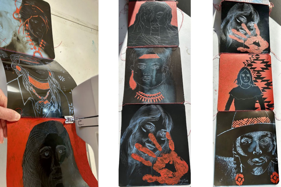 Photos showing the progression of images of Indigenous women’s faces scratched by artists